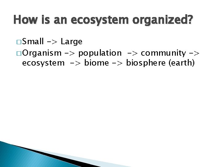 How is an ecosystem organized? � Small -> Large � Organism -> population ->