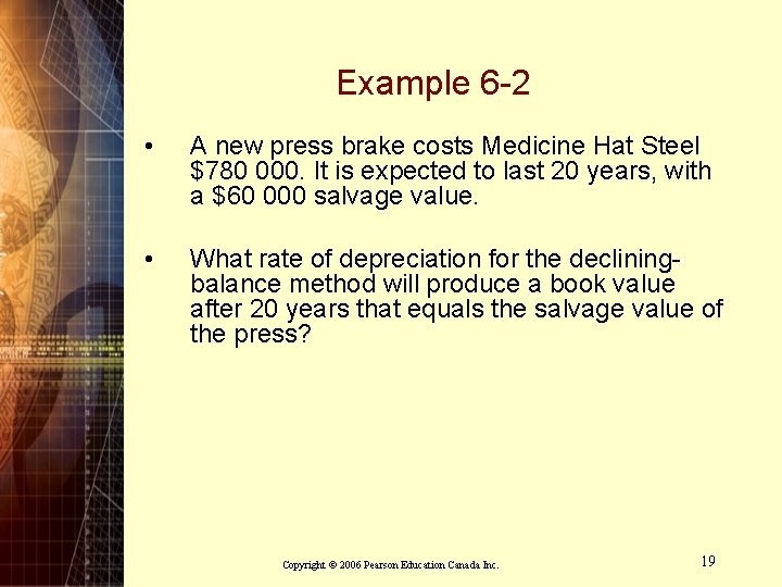 Example 6 -2 • A new press brake costs Medicine Hat Steel $780 000.