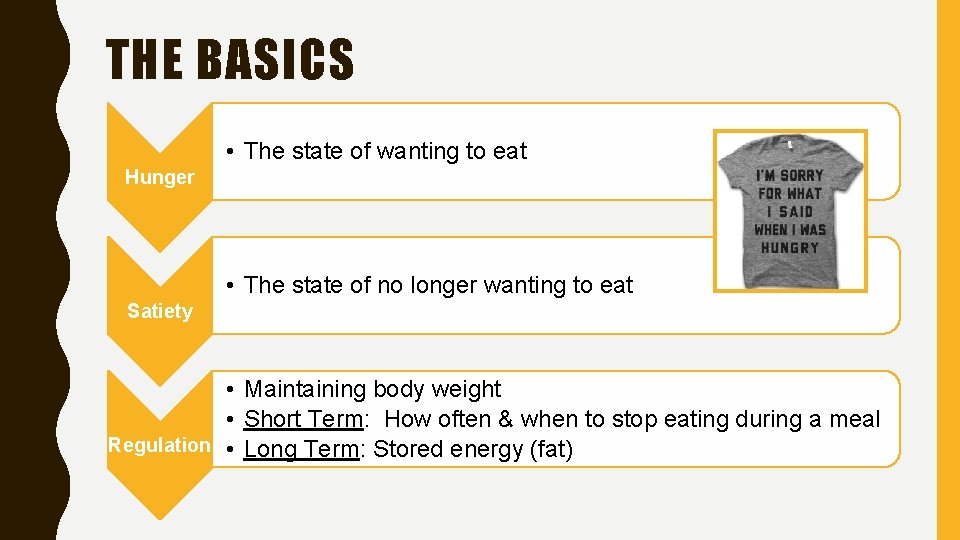 THE BASICS • The state of wanting to eat Hunger • The state of