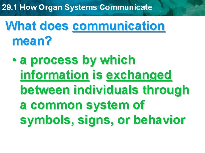29. 1 How Organ Systems Communicate What does communication mean? • a process by 29. 1 How Organ Systems Communicate What does communication mean? • a process by