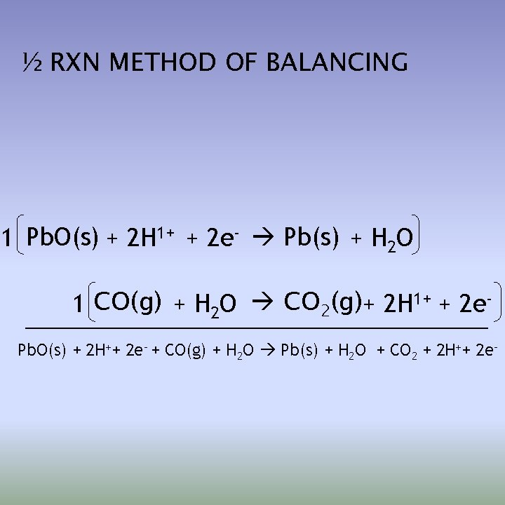 ½ RXN METHOD OF BALANCING 1 Pb. O(s) + 2 H 1+ + 2