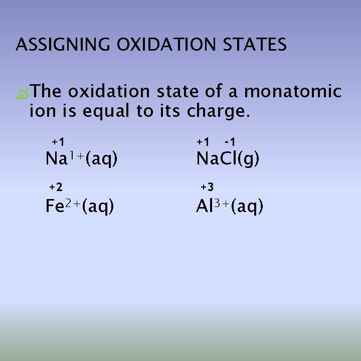 ASSIGNING OXIDATION STATES The oxidation state of a monatomic ion is equal to its