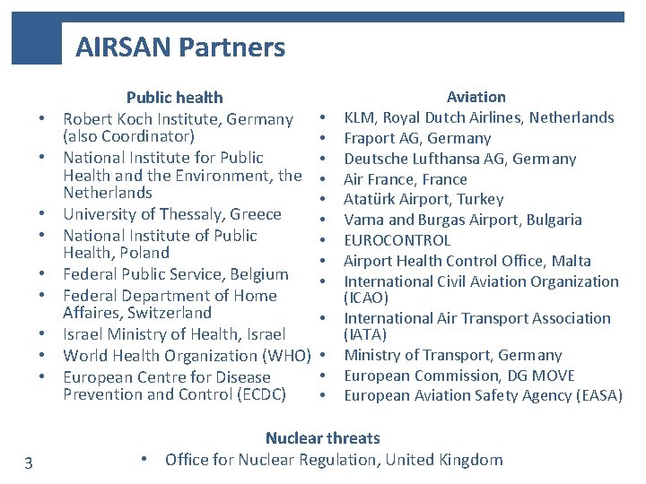 AIRSAN Partners • • • 3 Public health Robert Koch Institute, Germany (also Coordinator)