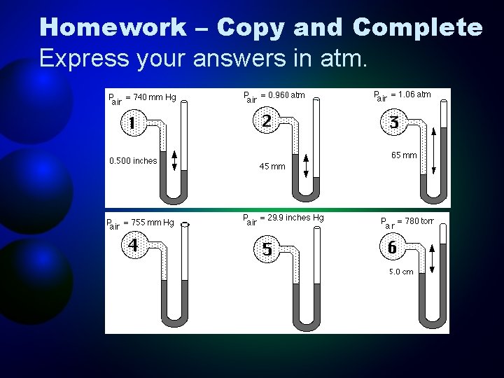 Homework – Copy and Complete Express your answers in atm. 