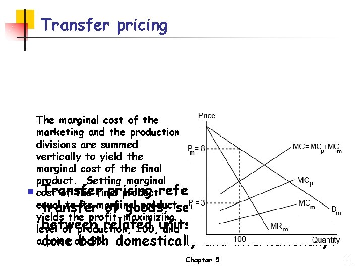 Transfer pricing The marginal cost of the marketing and the production divisions are summed