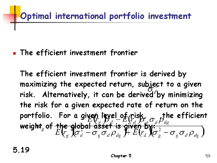 Optimal international portfolio investment n The efficient investment frontier is derived by maximizing the