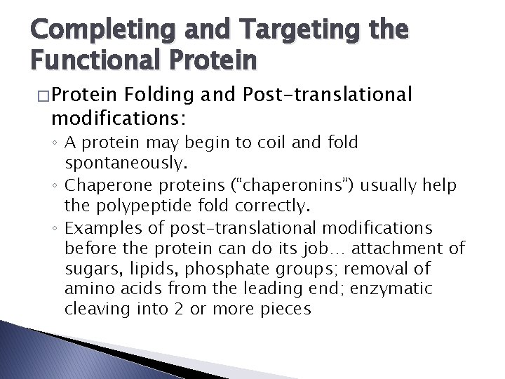 Completing and Targeting the Functional Protein � Protein Folding and Post-translational modifications: ◦ A
