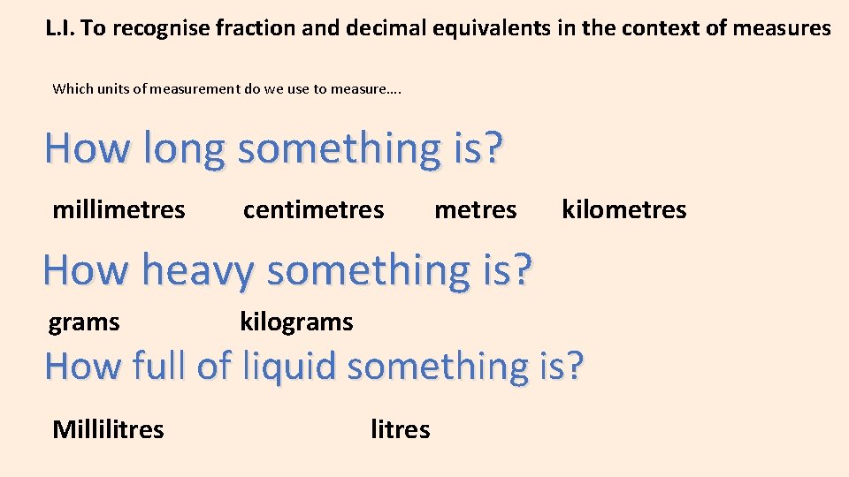 L. I. To recognise fraction and decimal equivalents in the context of measures Which