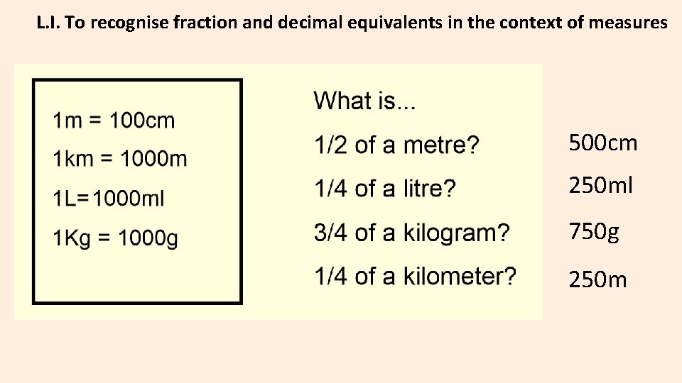 L. I. To recognise fraction and decimal equivalents in the context of measures 500