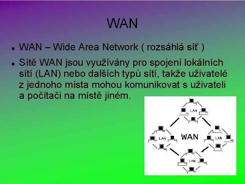 WAN – Wide Area Network ( rozsáhlá síť ) Sítě WAN jsou využívány pro