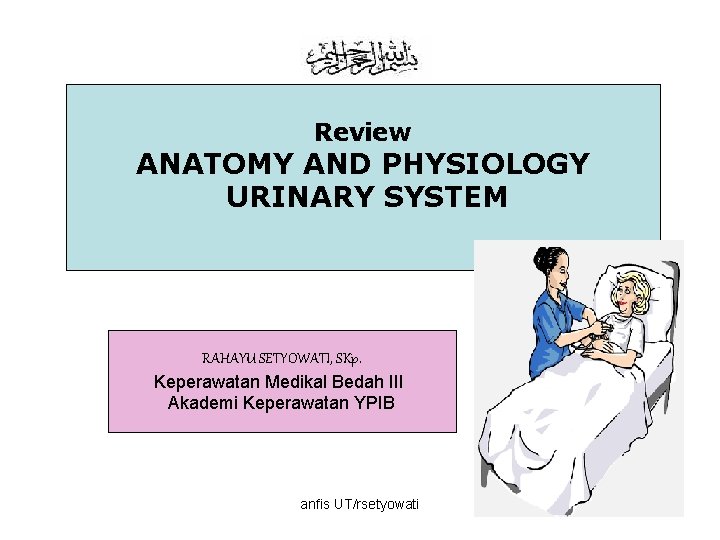 Review ANATOMY AND PHYSIOLOGY URINARY SYSTEM RAHAYU SETYOWATI, SKp. Keperawatan Medikal Bedah III Akademi