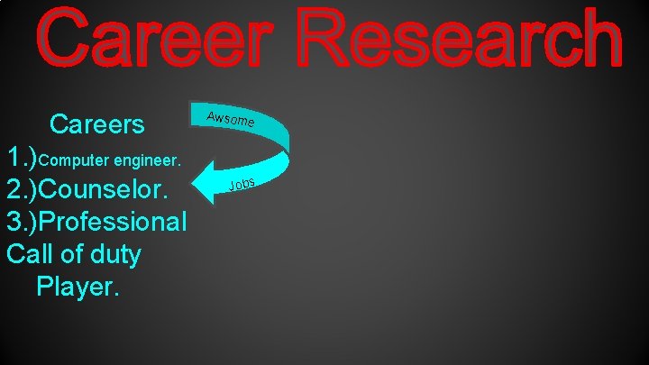 Careers 1. )Computer engineer. 2. )Counselor. 3. )Professional Call of duty Player. Awsom e