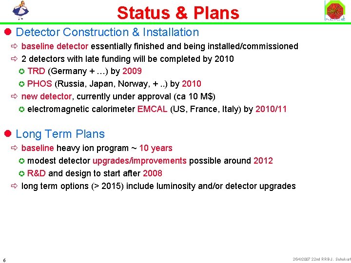 Status & Plans l Detector Construction & Installation ð baseline detector essentially finished and
