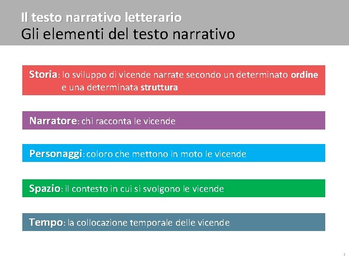 Il testo narrativo letterario Gli elementi del testo narrativo Storia: lo sviluppo di vicende