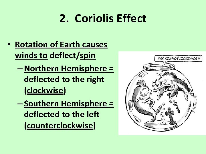 2. Coriolis Effect • Rotation of Earth causes winds to deflect/spin – Northern Hemisphere