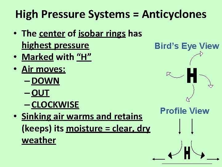 High Pressure Systems = Anticyclones • The center of isobar rings has highest pressure