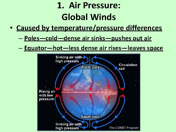 1. Air Pressure: Global Winds • Caused by temperature/pressure differences – Poles—cold—dense air sinks—pushes 1. Air Pressure: Global Winds • Caused by temperature/pressure differences – Poles—cold—dense air sinks—pushes