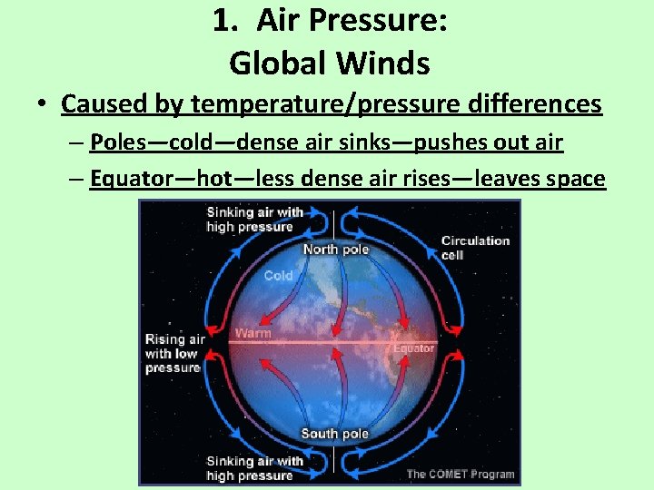 1. Air Pressure: Global Winds • Caused by temperature/pressure differences – Poles—cold—dense air sinks—pushes