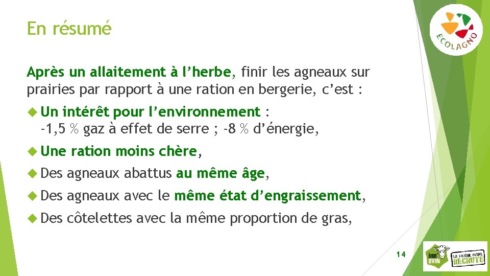 En résumé Après un allaitement à l’herbe, finir les agneaux sur prairies par rapport