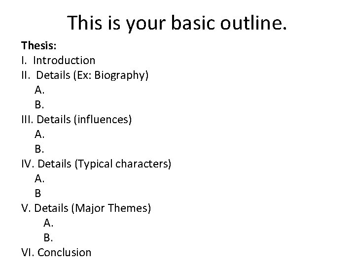 This is your basic outline. Thesis: I. Introduction II. Details (Ex: Biography) A. B.