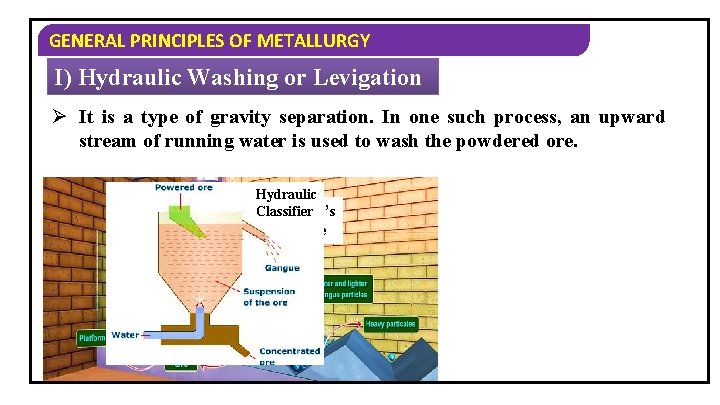 GENERAL PRINCIPLES OF METALLURGY I) Hydraulic Washing or Levigation Ø It is a type