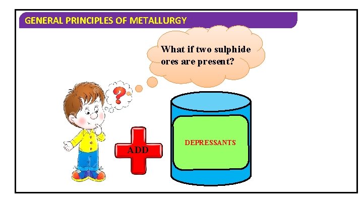 GENERAL PRINCIPLES OF METALLURGY What if two sulphide ores are present? ADD DEPRESSANTS 