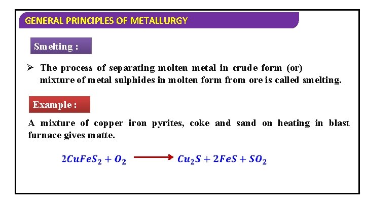 GENERAL PRINCIPLES OF METALLURGY Smelting : Ø The process of separating molten metal in