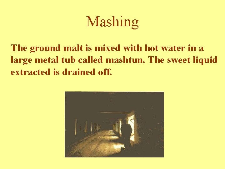 Mashing The ground malt is mixed with hot water in a large metal tub