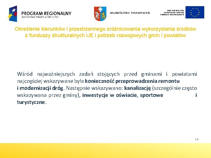 WOJEWÓDZTWO PODKARPACKIE UNIA EUROPEJSKI FUNDUSZ ROZWOJU REGIONALNEGO Określenie kierunków i przestrzennego zróżnicowania wykorzystania środków WOJEWÓDZTWO PODKARPACKIE UNIA EUROPEJSKI FUNDUSZ ROZWOJU REGIONALNEGO Określenie kierunków i przestrzennego zróżnicowania wykorzystania środków