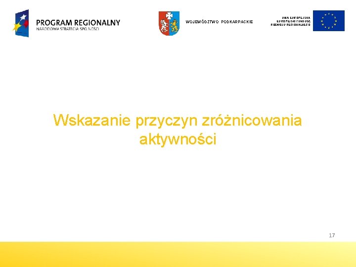 WOJEWÓDZTWO PODKARPACKIE UNIA EUROPEJSKI FUNDUSZ ROZWOJU REGIONALNEGO Wskazanie przyczyn zróżnicowania aktywności 17 