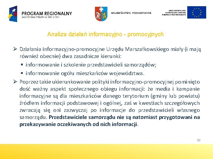 WOJEWÓDZTWO PODKARPACKIE UNIA EUROPEJSKI FUNDUSZ ROZWOJU REGIONALNEGO Analiza działań informacyjno - promocyjnych Ø Działania WOJEWÓDZTWO PODKARPACKIE UNIA EUROPEJSKI FUNDUSZ ROZWOJU REGIONALNEGO Analiza działań informacyjno - promocyjnych Ø Działania
