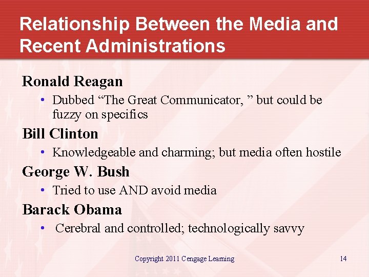 Relationship Between the Media and Recent Administrations Ronald Reagan • Dubbed “The Great Communicator,