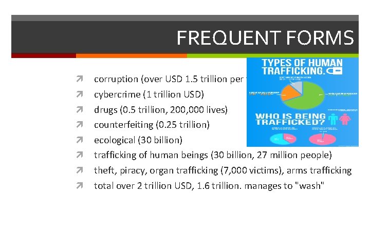 FREQUENT FORMS corruption (over USD 1. 5 trillion per year) cybercrime (1 trillion USD)