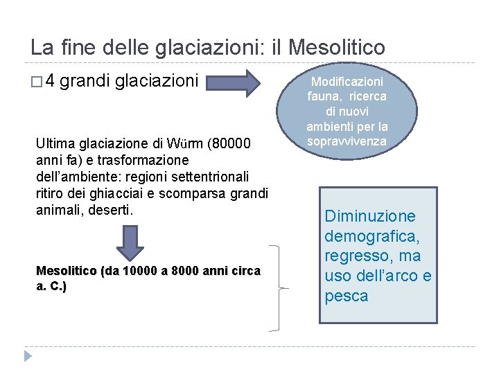 La fine delle glaciazioni: il Mesolitico � 4 grandi glaciazioni Ultima glaciazione di Würm