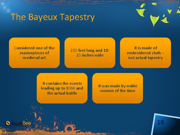 The Bayeux Tapestry Considered one of the masterpieces of medieval art 230 feet long