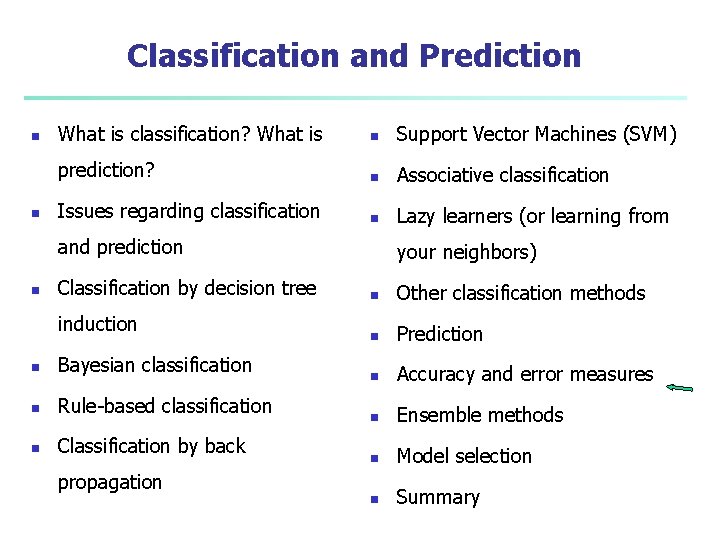 Classification and Prediction n n What is classification? What is n Support Vector Machines