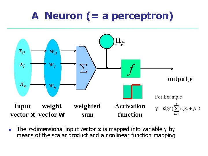 A Neuron (= a perceptron) x 0 w 0 x 1 w 1 xn