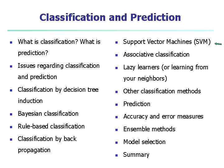 Classification and Prediction n n What is classification? What is n Support Vector Machines