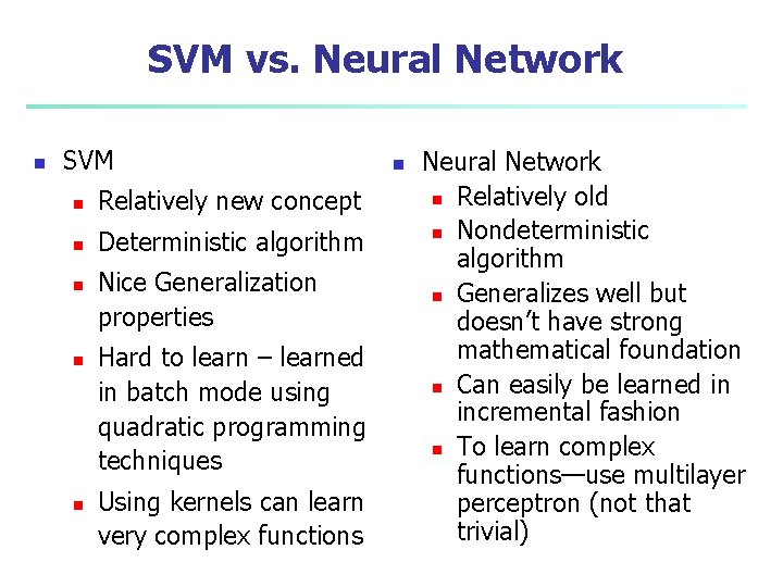 SVM vs. Neural Network n SVM n Relatively new concept n Deterministic algorithm n