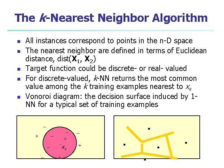 The k-Nearest Neighbor Algorithm n n n All instances correspond to points in the