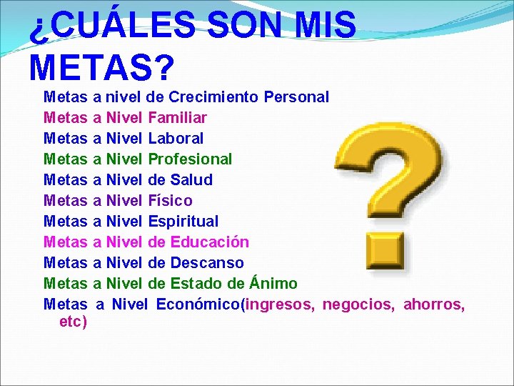 ¿CUÁLES SON MIS METAS? Metas a nivel de Crecimiento Personal Metas a Nivel Familiar