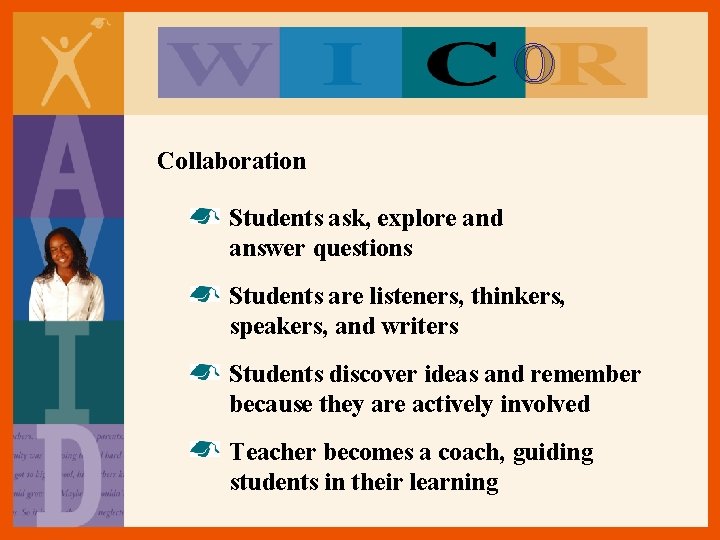 O Collaboration Students ask, explore and answer questions Students are listeners, thinkers, speakers, and