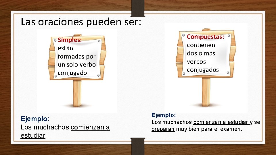 Las oraciones pueden ser: Simples: están formadas por un solo verbo conjugado. Ejemplo: Los