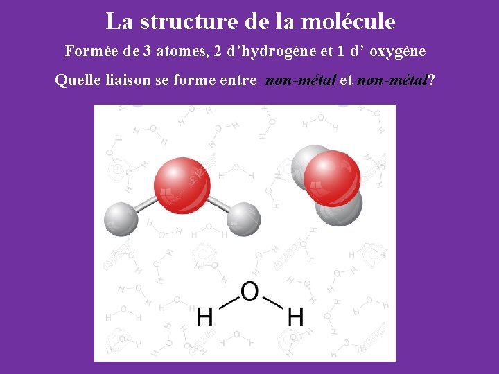 La structure de la molécule Formée de 3 atomes, 2 d’hydrogène et 1 d’