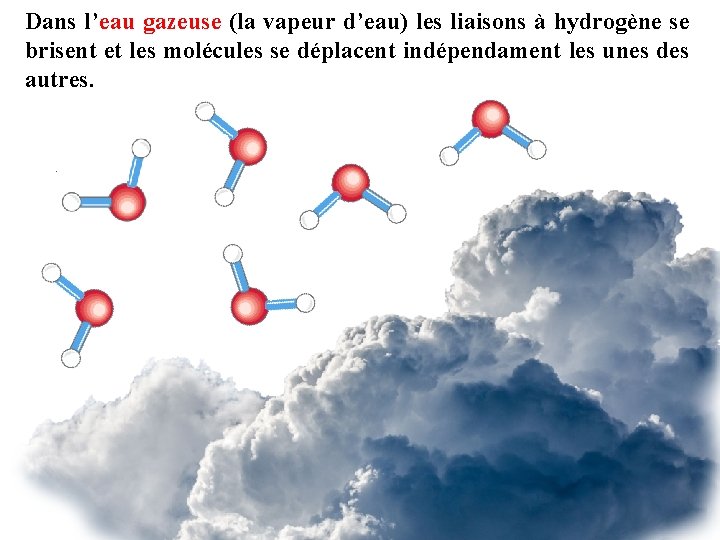 Dans l’eau gazeuse (la vapeur d’eau) les liaisons à hydrogène se brisent et les