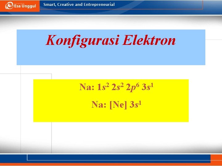 Konfigurasi Elektron Na: 1 s 2 2 p 6 3 s 1 Na: [Ne]