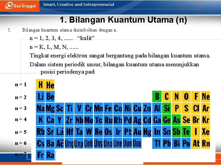 1. Bilangan Kuantum Utama (n) 1. Bilangan kuantum utama disimbolkan dengan n. n =