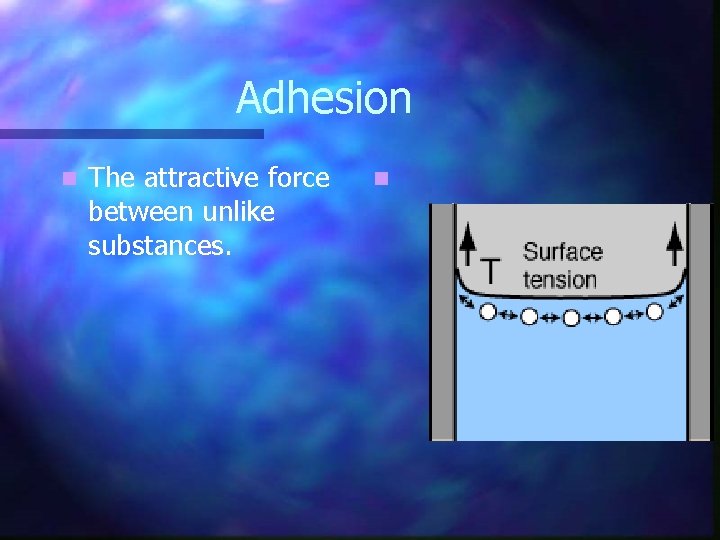 Adhesion n The attractive force between unlike substances. n 