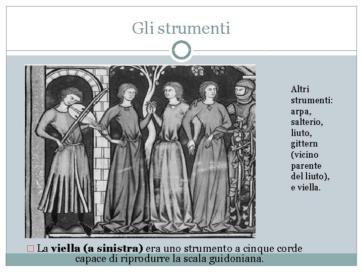 Gli strumenti Altri strumenti: arpa, salterio, liuto, gittern (vicino parente del liuto), e viella.