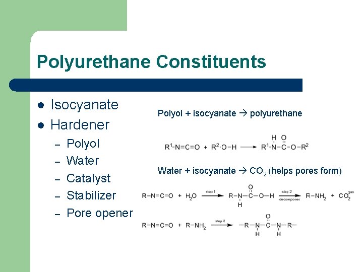 Polyurethane Constituents l l Isocyanate Hardener – – – Polyol Water Catalyst Stabilizer Pore